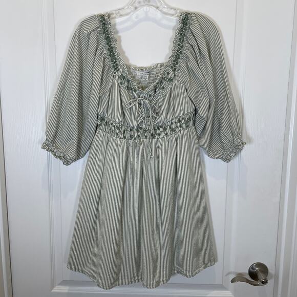 American Eagle Babydoll Striped Mini Dress Embroidered Green Puff Sleeve S - Picture 3 of 7